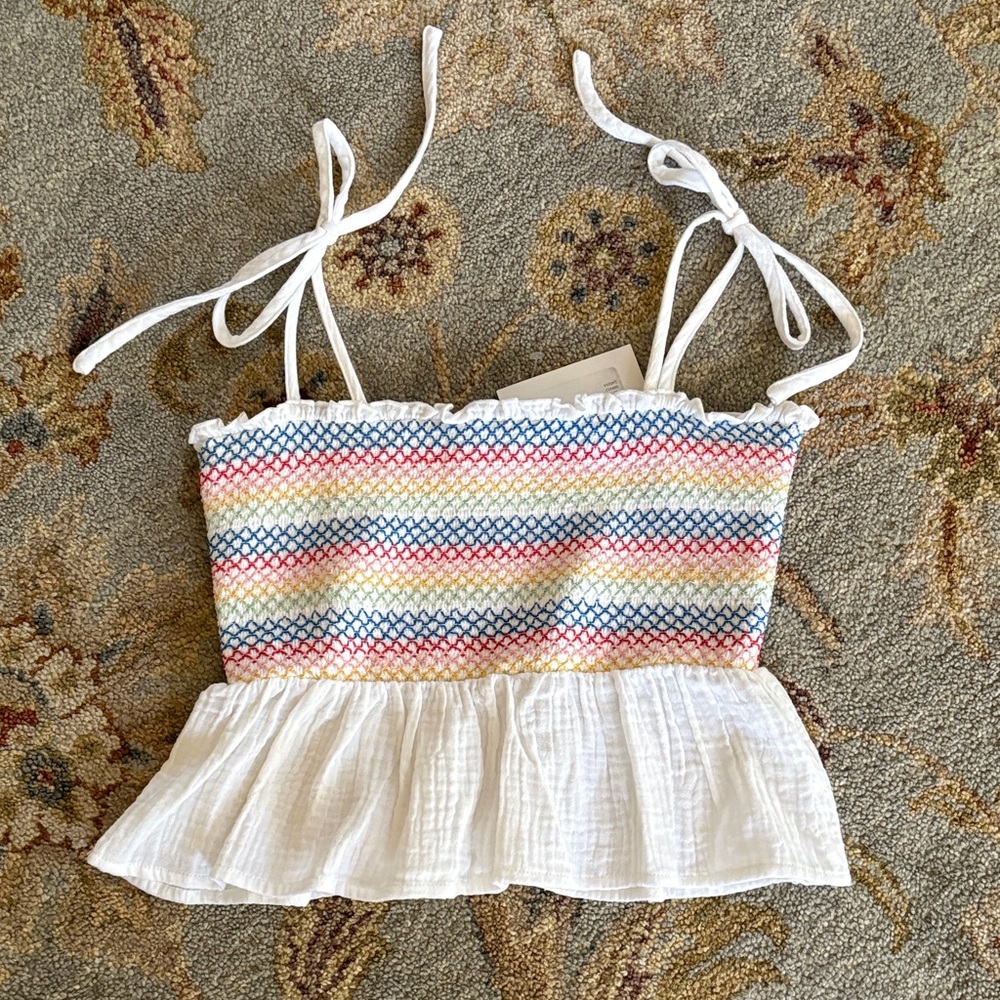 ✨ NWT ✨ Smocked Striped Tie-Shoulder Peplum Tank Top - White